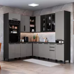 Armário de Cozinha Modulada Completa de Canto Fidelitá Mônaco 8 Peças 449cm 16 Portas 3 Gavetas Com Tampo Chumbo/Titânio
