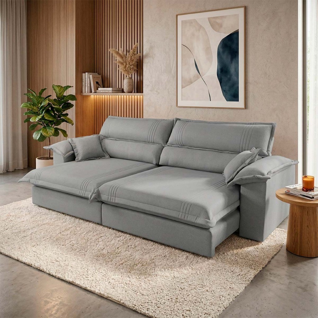 Promoção Sofá Retrátil Reclinável 2,30m Nivus Cinza c/ Molas Ensacadas - King House