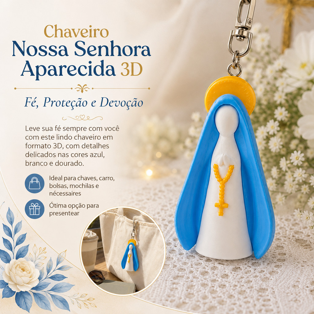 Chaveiro Nossa Senhora Aparecida 3D Azul e Branco – Religioso Católico | Fé e Proteção