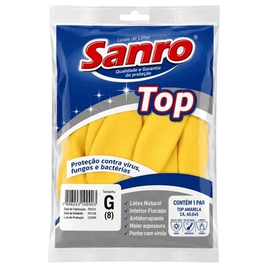Kit 5 Luvas Látex Amarela Sanro Tamanho G Limpeza Doméstica Lavanderia Serviços Gerais