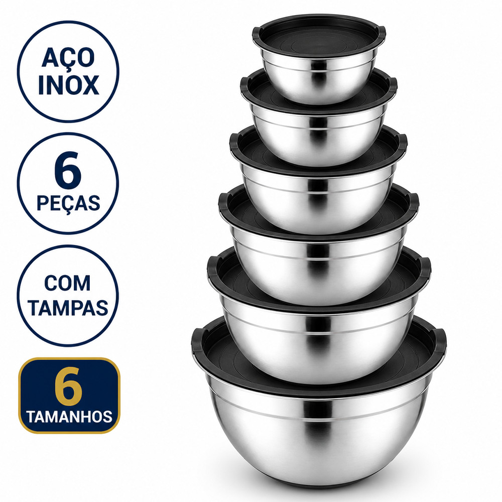 Conjunto Bowls de Inox com Tampa Plástica 6 Peças 4,3L 3,8L 2L 1,4L 1L 0,7L Empilháveis
