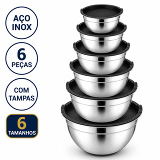 Conjunto Bowls de Inox com Tampa Plástica 6 Peças 4,3L 3,8L 2L 1,4L 1L 0,7L Empilháveis