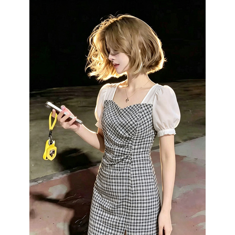 Francês estilo Retro Puff manga vestido feminino pescoço quadrado cintura estreita mais magro olhar elegante saia verão 