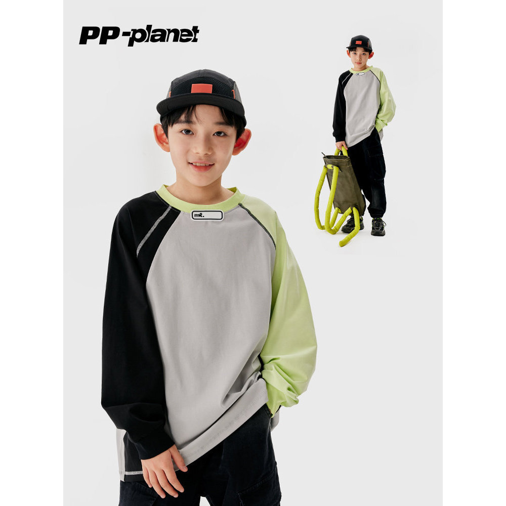PP Planet Boys Estilo Ocidental Contraste Cor Médio Grande Crianças Camiseta de Manga Comprida Primavera Outono Novo Est