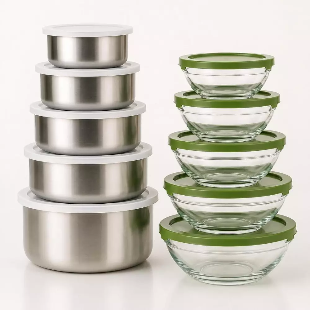 Kit 10 Potes Herméticos 5 Vidro Tigela + 5 Pote Inox com Tampa para Armazenar Alimentos Organizador de Cozinha