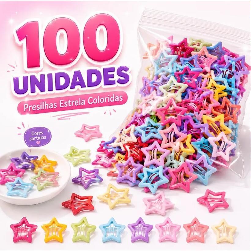 Kit Presilhas Estrela Tic Tac Coloridas Para Cabelo Infantil Feminino Penteado Franja Mechas Cores Sortidas