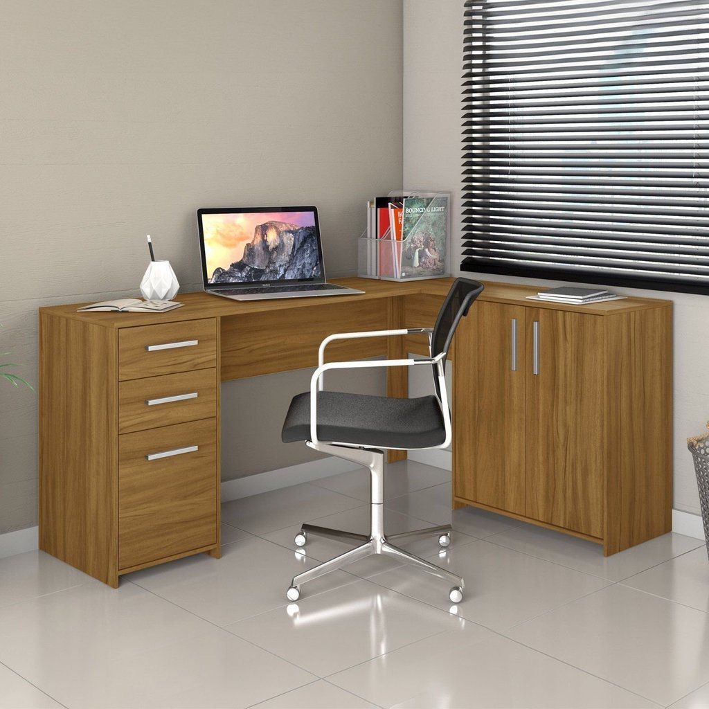 Escrivaninha Mesa Escritório em L Office Nt 2005 2 Gavetas 3 Portas 157cm Freijo Trend Marrom Freijó