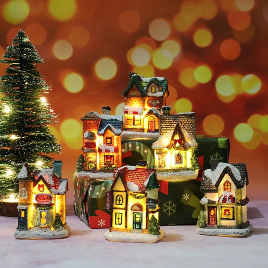 Luzes LED de Natal resina mini casa miniatura vila edifício decoração luminosa presente de Natal