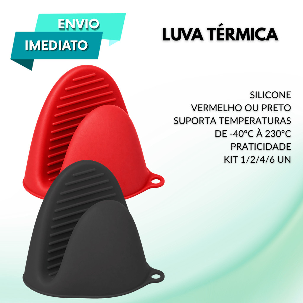 Kit Luva Térmica Compacta Silicone Bico de Pato -40 a 230°C Preta ou Vermelha Para Forno Airfryer Panela Dia a Dia