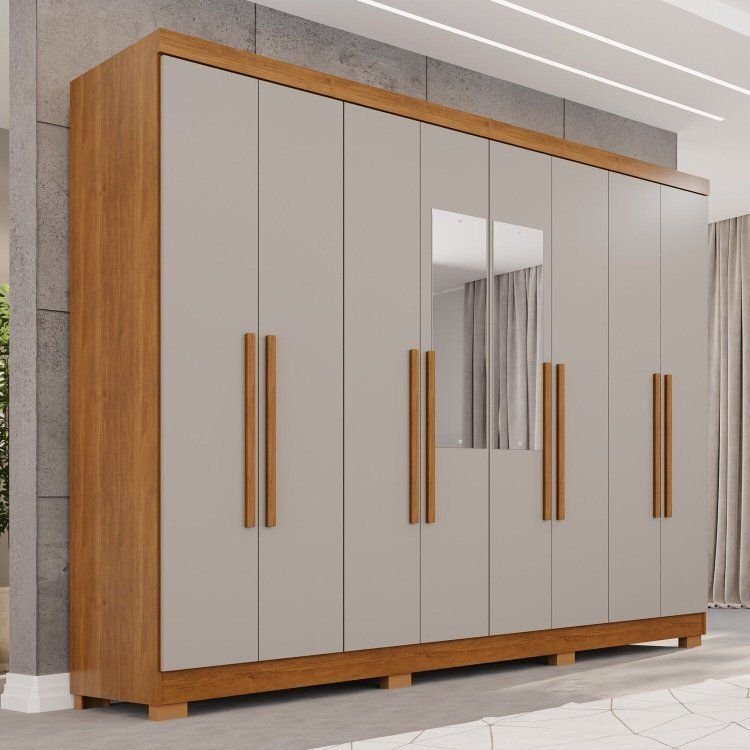 Guarda-Roupa Casal com Espelho 8 Portas 4 Gavetas com Pés França Espresso Móveis Off White/Cinamomo Cinamomo/Off