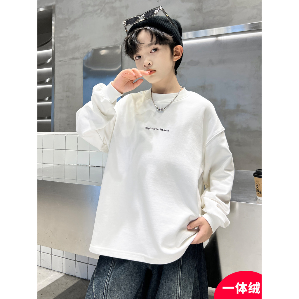 Meninos camiseta de manga comprida outono inverno estilo 2025 novo estilo médio grande crianças inverno forro de lã de u
