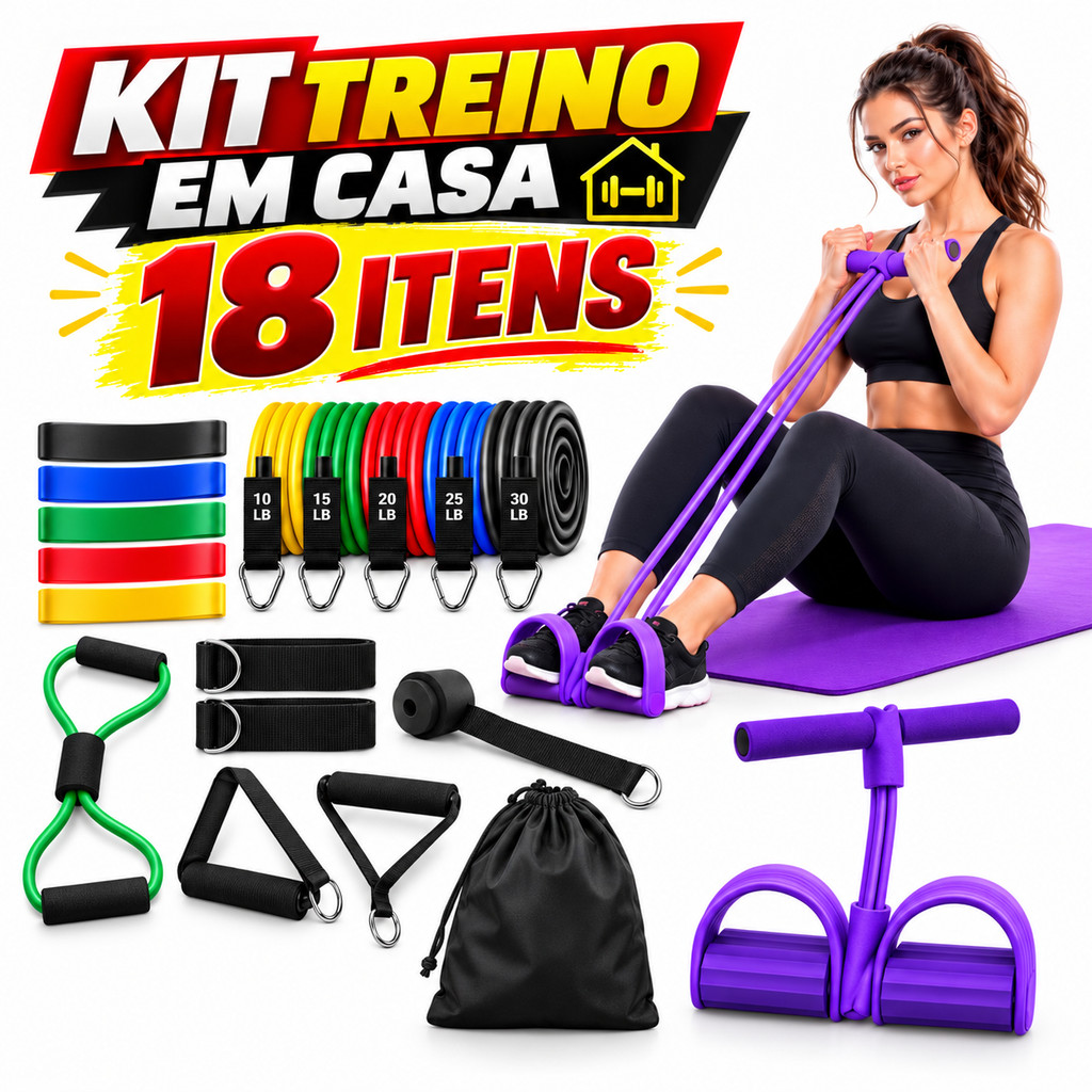 Kit 18 Itens Faixas Elásticas Fitness Extensor Musculação Treino em Casa Yoga Pilates Academia