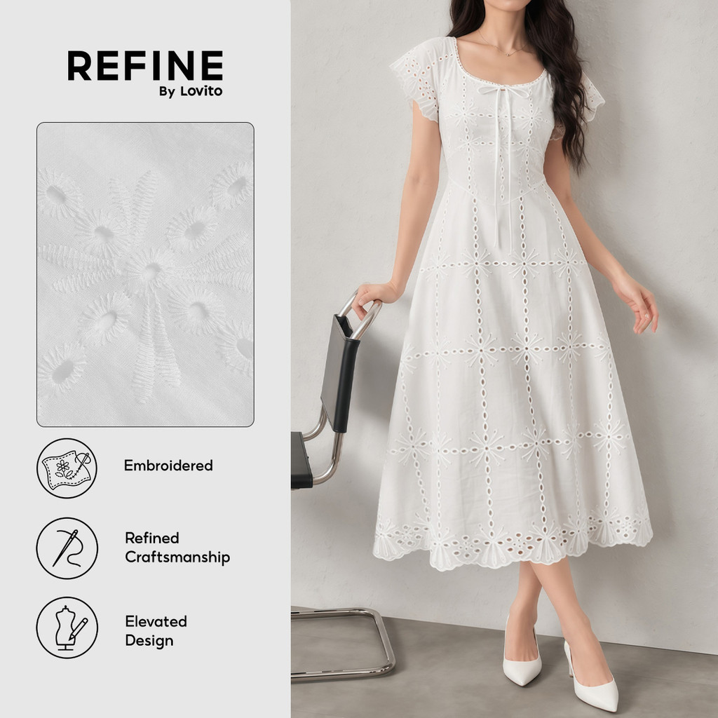 (New Arrival) (Refine by Lovito) Vestido Elegante de Linho Primavera/verão para mulheres Bordado Trabalho LR41L073