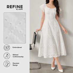 (Refine By Lovito) Midi Vestido Elegante De Linho Primavera/Verão Para Mulheres Bordado Trabalho LR41L073