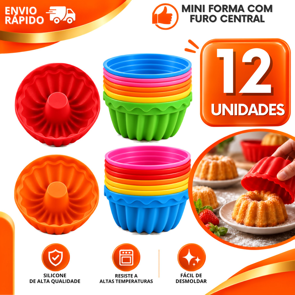Kit 6/12 Mini Forminha Furo Central Cupcake Quiche Bolo Pudim Silicone Vulcão Antiaderente Forno e Airfryer Não Gruda