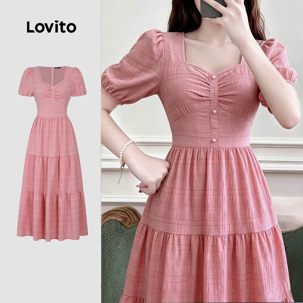 Lovito Vestido Boho Plissado Dobrado Primavera/Verão Rosa Feminino L198ED599