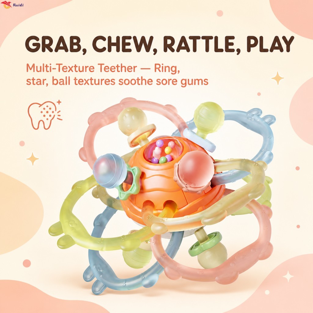 Bebê Manhattan Dentição Bola Brinquedo Multi Textura Silicone Apertos Chocalho Som Sensorial Jogar 0 A 2 Anos
