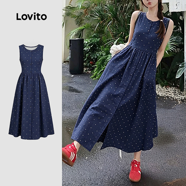 Lovito Vestido Casual Azulmarinho para Mulheres Simples com Botões primavera/verão DRK8TD122