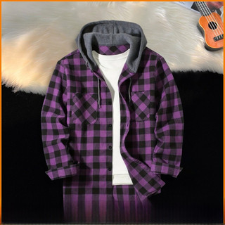 Camisa de flanela de algodão para homem, casaco com capuz e padrão xadrez para uso diário, design de mangas moderno UZRJ