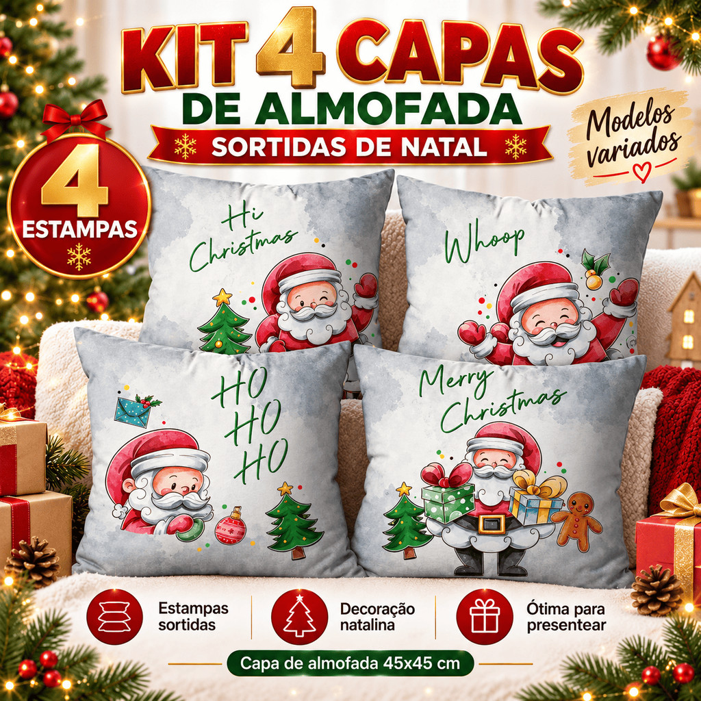 Kit 4 Capas para Almofada Natalinas Estampas Sortidas 45x45 cm