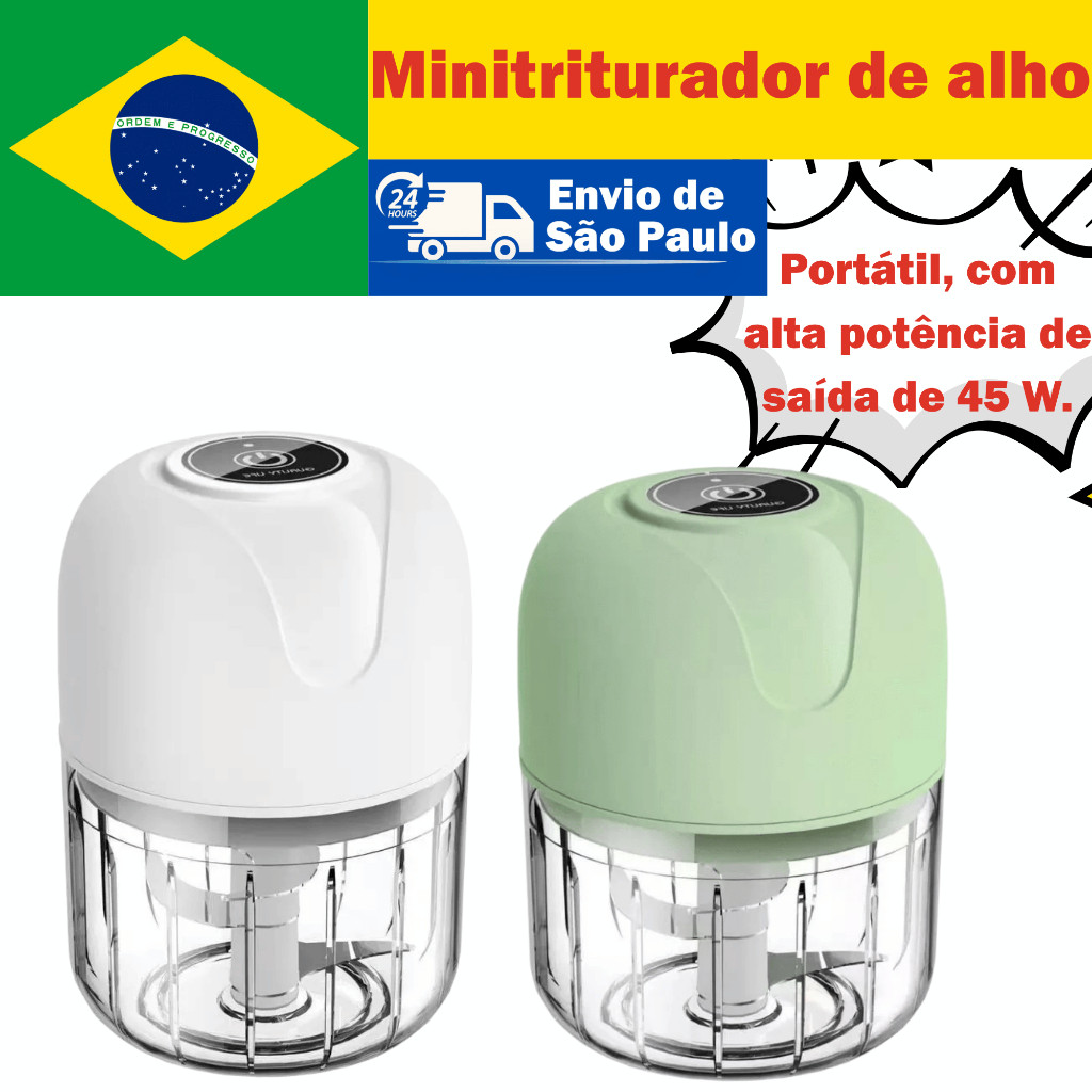Triturador De Alho Recarregável 45W 250ml Lâminas Aço Inox USB Um Toque