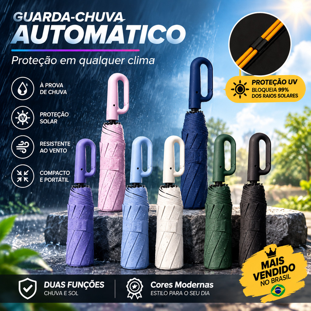 Novo Guarda Chuva Automático Alta Resistência a Chuvas e Vento Forte Com Proteção UV