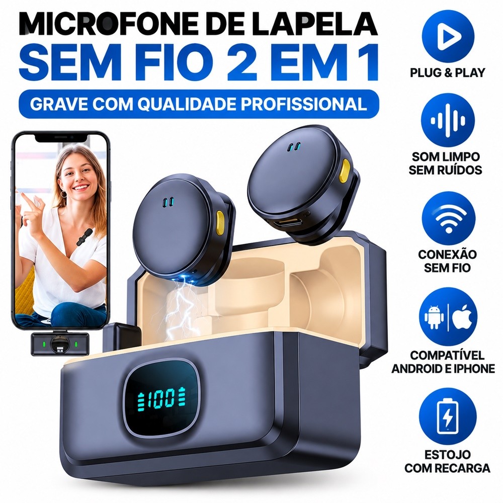 Microfone De Lapela Wireless Para Iphone E Android Sem Fio Anti Ruído