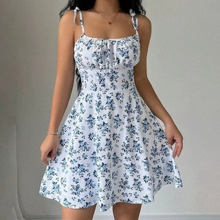 Vestido curto de praia com alças finas e estampa floral para o verão, vestidos femininos, roupas femininas, vestido de v