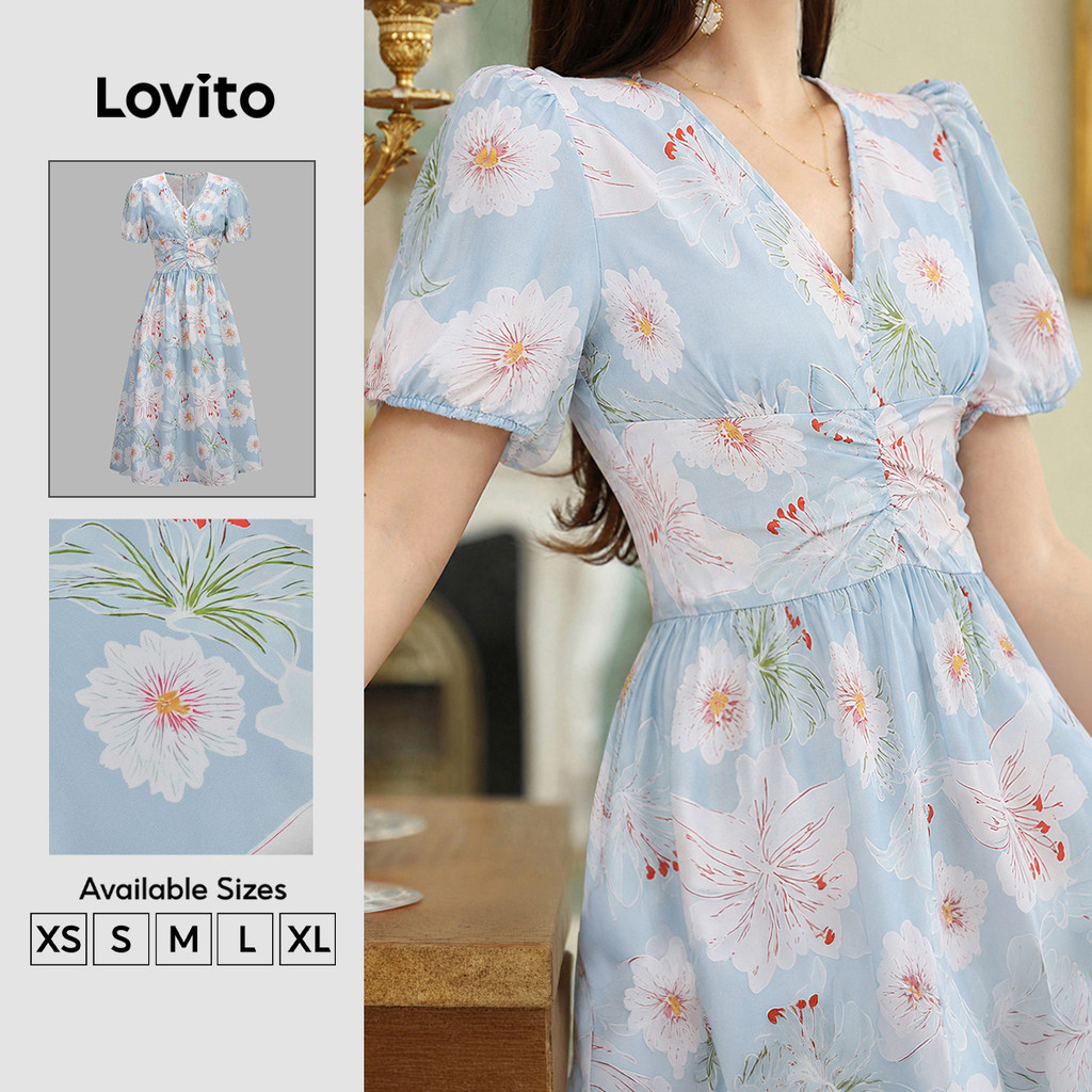 Lovito Vestido Elegante Feminino com Botões Na Frente Pregas e Estampa Primavera/Verão DRK8P2D108