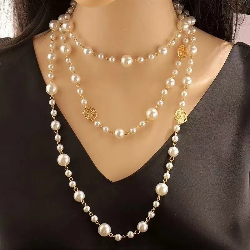 Multi-camadas colar de pérolas feminino longo camisola corrente colar primavera All-Match acessórios de roupas colar de 