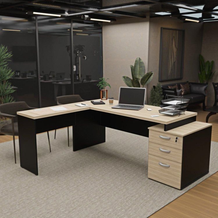 Escrivaninha Mesa Escritório em L Diretor 3 Gavetas 190cm Dubai e Preto Bege Dubai/Preto