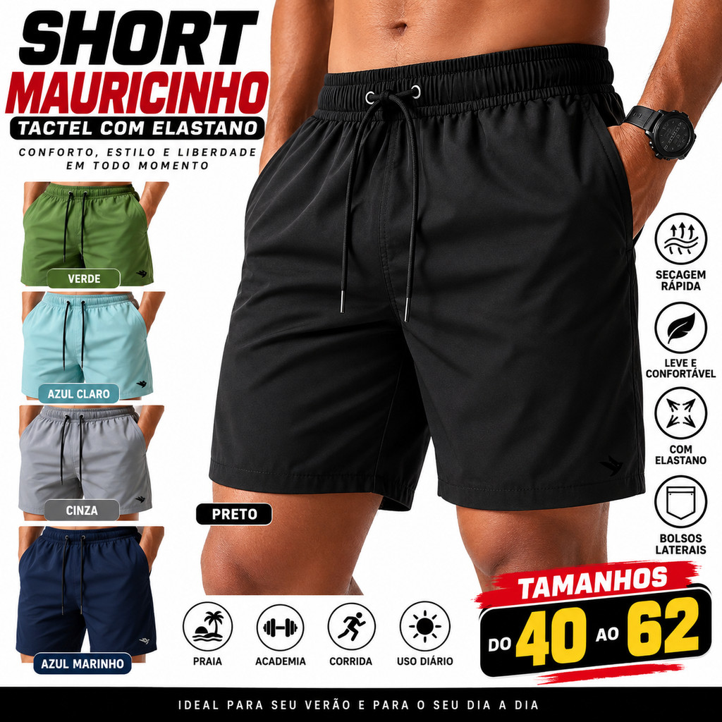 Short Masculino Tactel Elastano Secagem Rápida Praia Academia Confortável