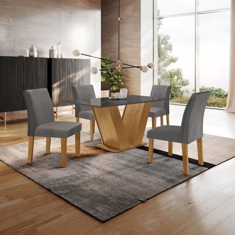 Conjunto Sala de Jantar Mesa 120x80cm Tampo MDF/Vidro com 4 Cadeiras Espanha Yescasa Ypê/Grafite/Suede Cinza