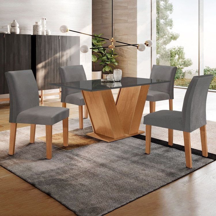 Conjunto Mesa de Jantar Tampo MDF/Vidro e 4 Cadeiras Espanha Yescasa Cinamomo/Grafite