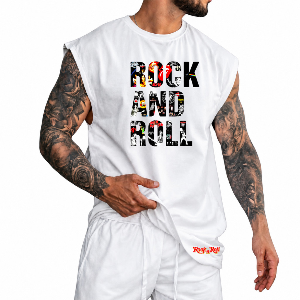 Regata Machão Rock in Roll Oversized 100% Algodão Camiseta Cavada Musculação Streetwear Academia