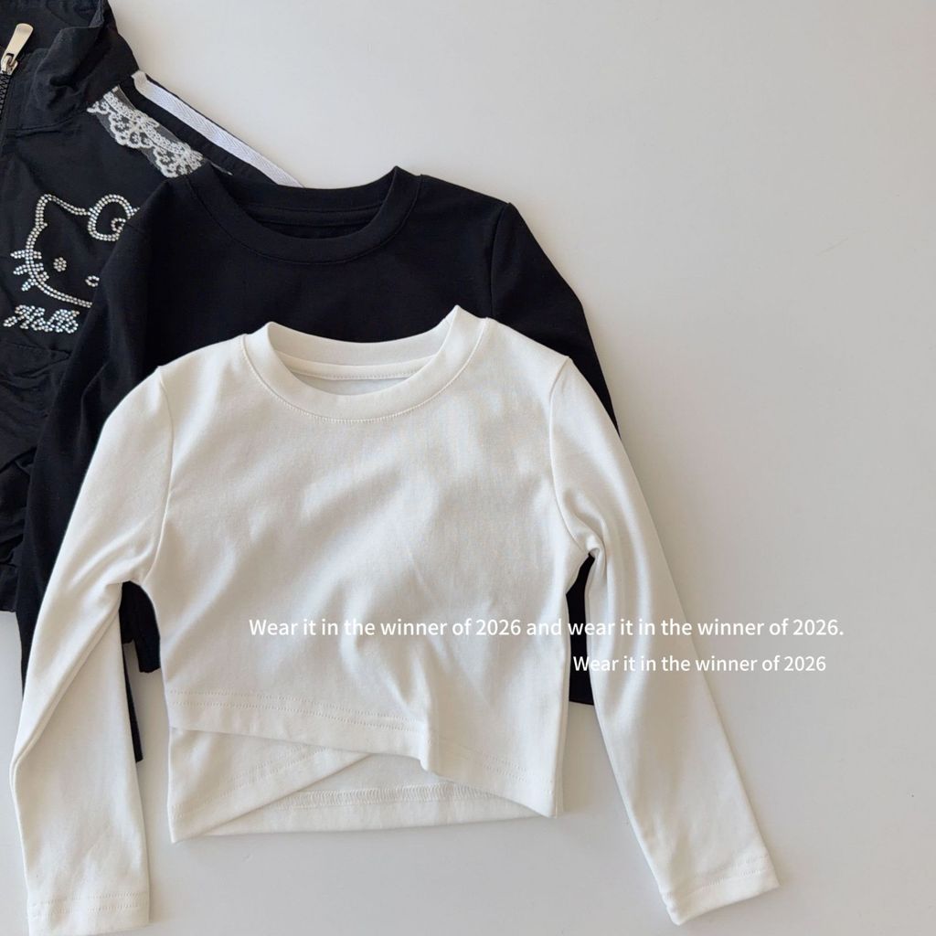Meninas outono cor sólida cruz em torno do pescoço manga longa camiseta crianças estilo coreano moda Casual curto topo r