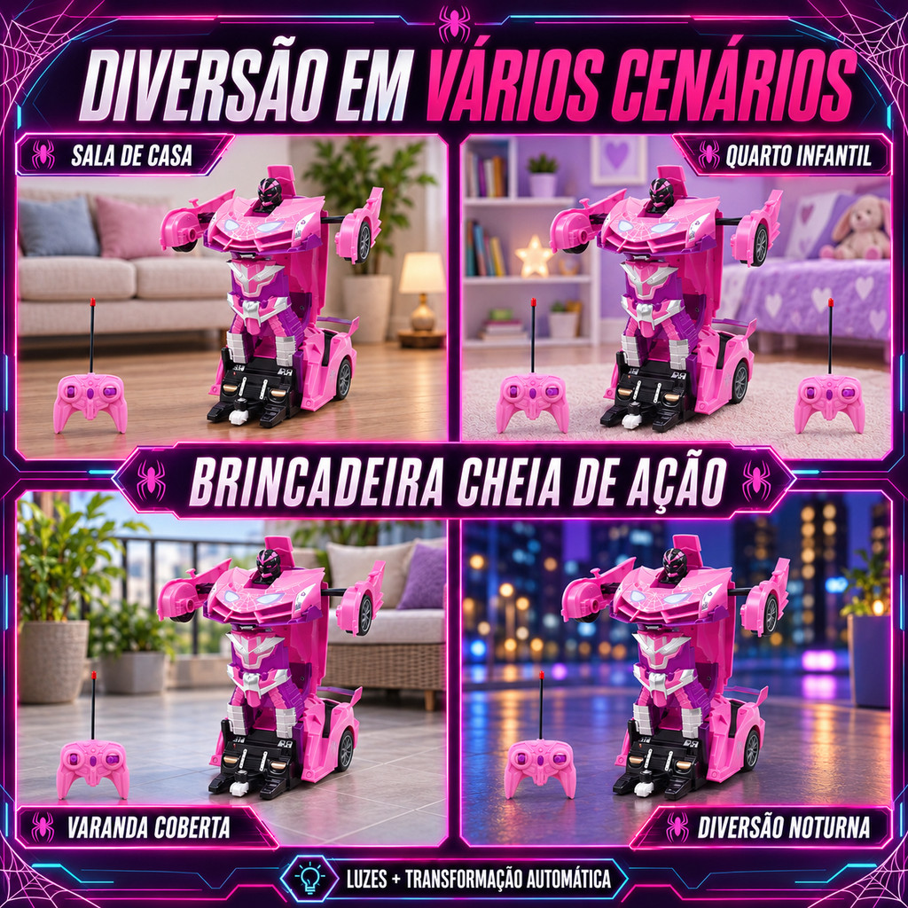 Carrinho Robô Transformer Controle Remoto Infantil Carro Transformer Que Vira Robô a Pilha Rosa Menina Kizumba — imagem 2 de 2
