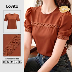(New Arrival) Lovito Blusa Feminina Laranja Elegante De Cor Sólida E Lisa Com Mangas Curtas Gola Redonda E Babado Exagerado Para Trabalho Primavera E Verão BLB204P1D813