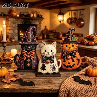 3 Peças Ornamento De Gato Bruxa , Estatueta De Halloween Com Impressão Plana 2D De Abóbora , Estatuetas Decorativas Góti
