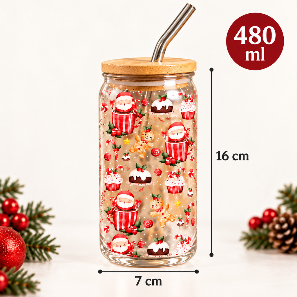 Copos de Vidro Natal com Tampa de Bambu e Canudo de Vidro Enfeite 480 ML Pronta Entrega — imagem 2 de 2