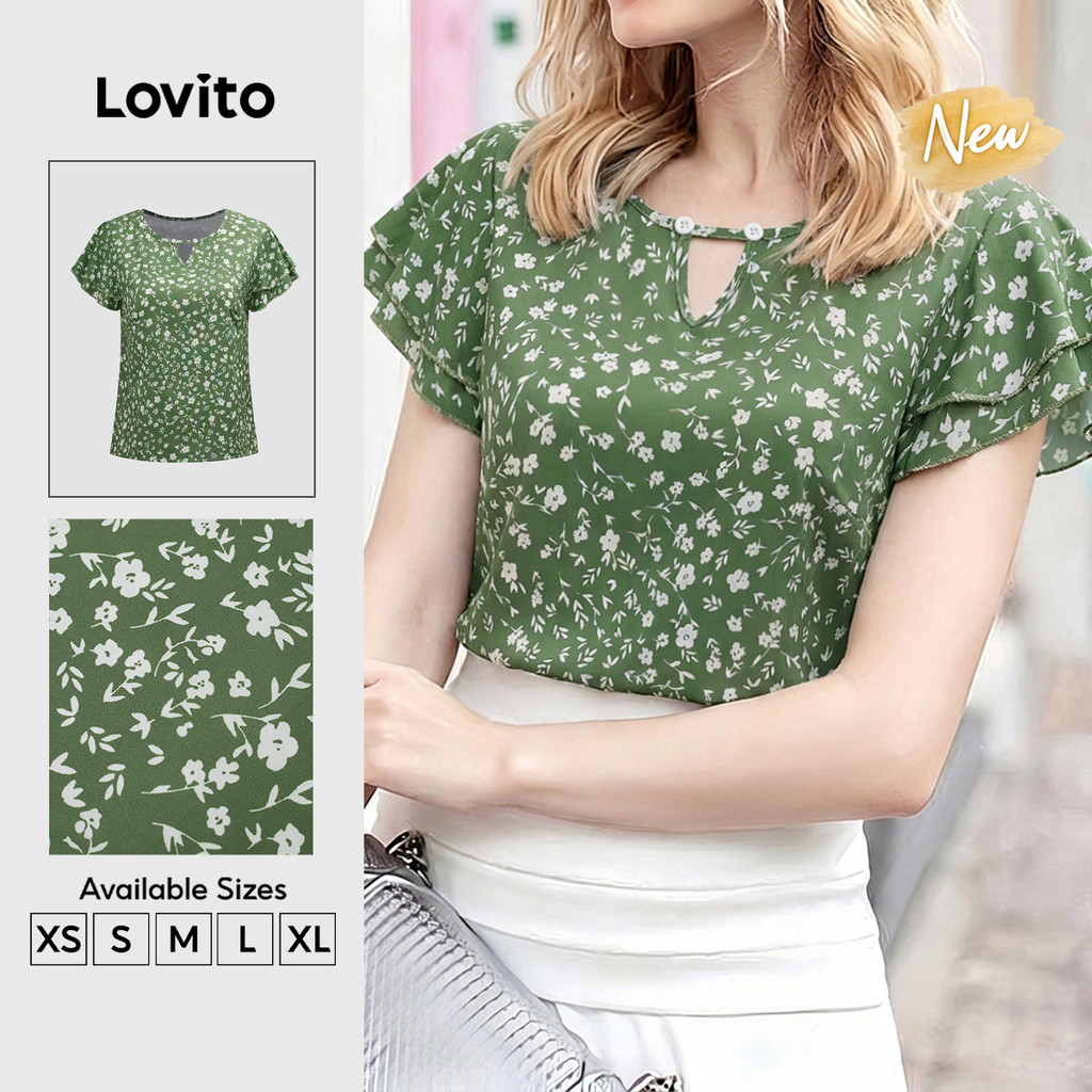 Lovito Blusa Feminino Verde com Micro Floral e Babado Manga Curta Gola Boca e Recorte Primavera Verão Traje de Trabalho BLB205P2D141