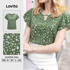 Lovito Blusa Feminino Verde com Micro Floral e Babado Manga Curta Gola Boca e Recorte Primavera Verão Traje de Trabalho BLB205P2D141