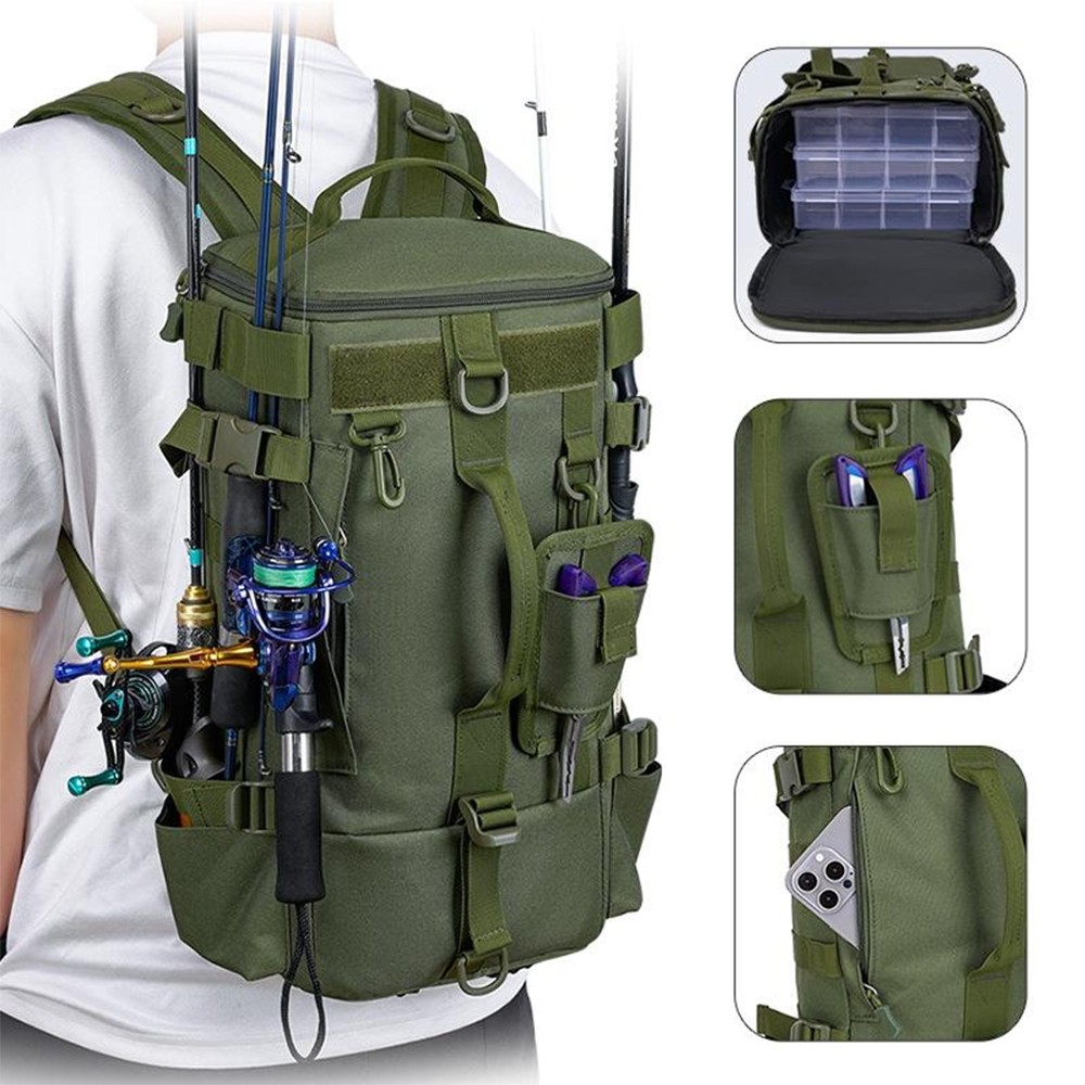 Mochila de Pesca Multifuncional Impermeável Grande Capacidade Bolsa Tática com Suporte para Vara