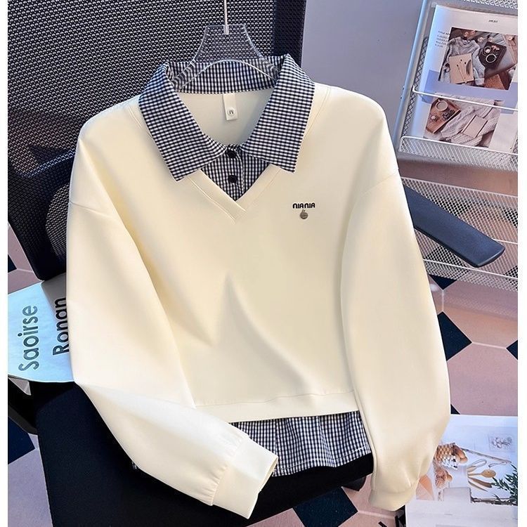Falso de duas peças costura xadrez polo lapela moletom feminino primavera outono 2025 novo estilo Design solto sem capuz