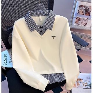 Falso de duas peças costura xadrez polo lapela moletom feminino primavera outono 2025 novo estilo Design solto sem capuz