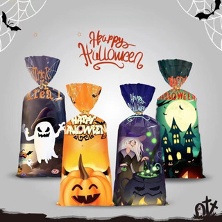 50 sacos de doces para o Halloween, sacos reutilizáveis para biscoitos e petiscos, sacos com cordão multifuncionais e re