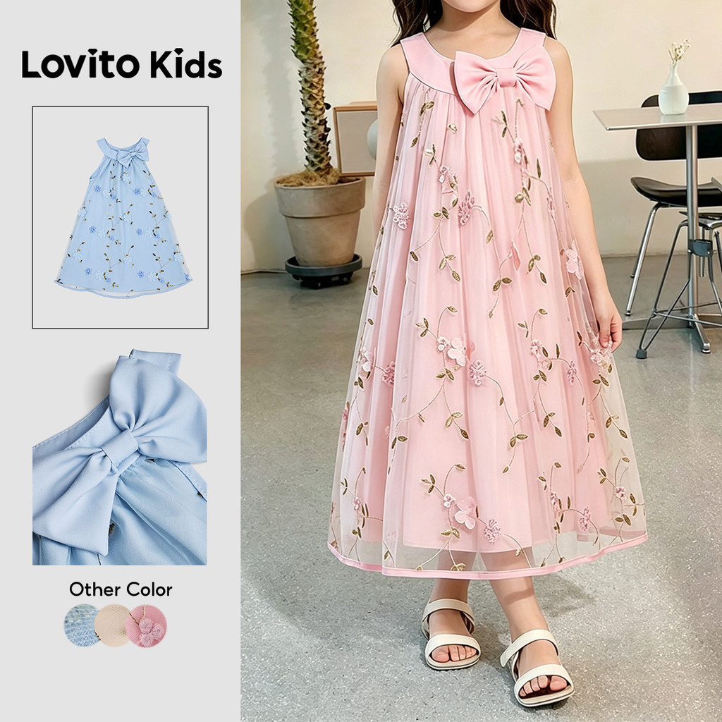 Lovito Kids Vestido Casual com Apliques de Laço Drapeado Primavera/verão Rosa para Meninas L192AD009