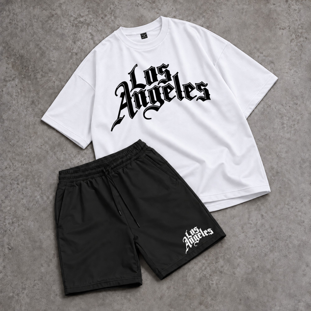 Conjunto Camiseta Oversized Los Angeles Gótica Streetwear Urbano Short Estampado Presente Algodão