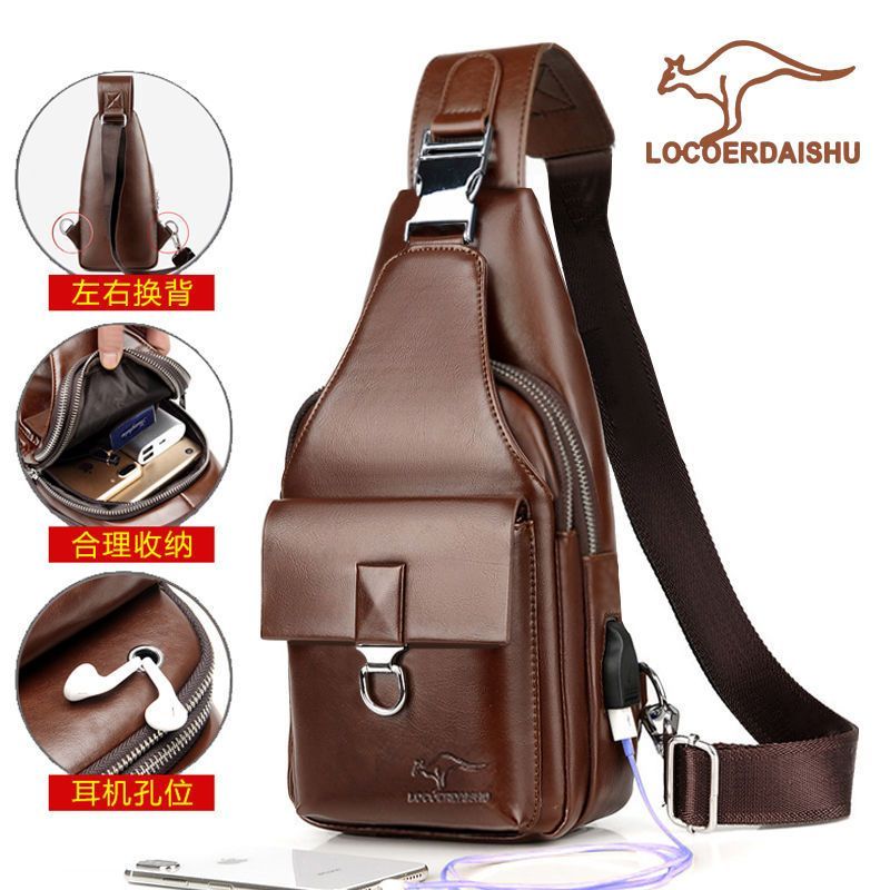 LOCOERDAISHU Company Produzido Bolsa de Peito Masculina Textura de Couro Genuíno Bolsa de Ombro Bolsa Mensageiro Casual 