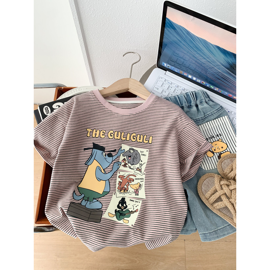 Crianças verão listrado camiseta de manga curta 2026 novo estilo meninos meninas dos desenhos animados impresso meia man